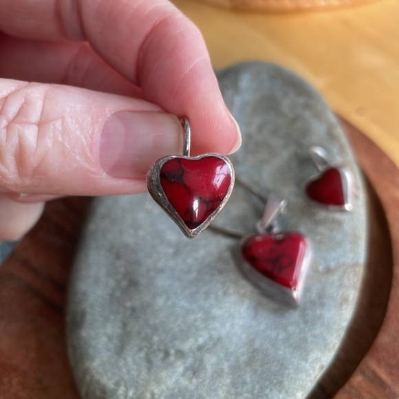 Red Heart Jasper Sterling Earrings and Necklace Mexico - Picture 8 of 12
